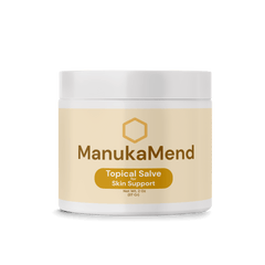 ManukaMend Organic Salve for Anal Relief in a 2 oz container for external anal irritation and hemorrhoids.