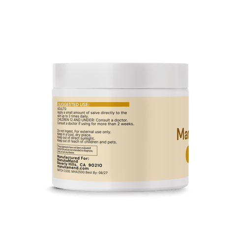 ManukaMend Organic Salve for Anal Relief back of jar with suggested use and caution instructions.