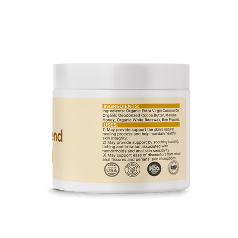 ManukaMend Organic Salve for Anal Relief ingredients and benefits on packaging.