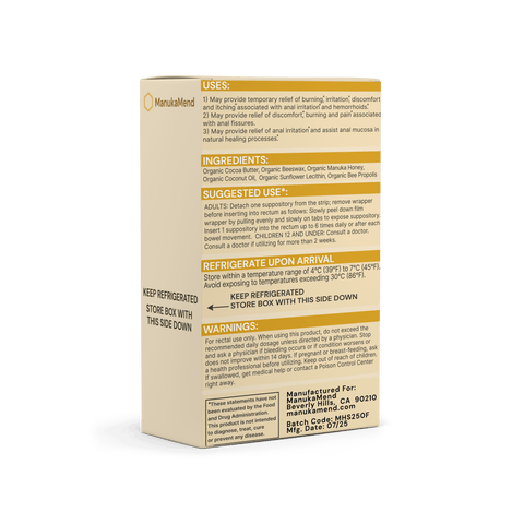 ManukaMend Organic Suppositories for Anal Relief packaging back showing uses and ingredients.