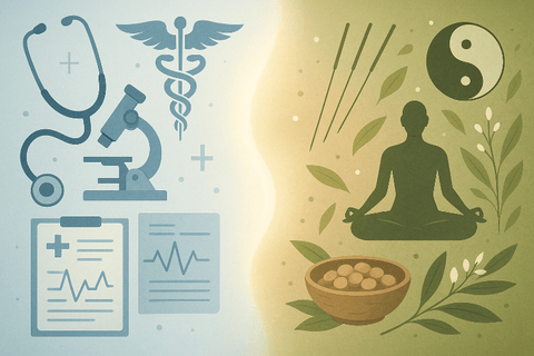 I want to put an image that invokes the feeling of the best knowledge from western allopathic medicine merging and putting together the best from eastern holistic medicine in an integrative approach