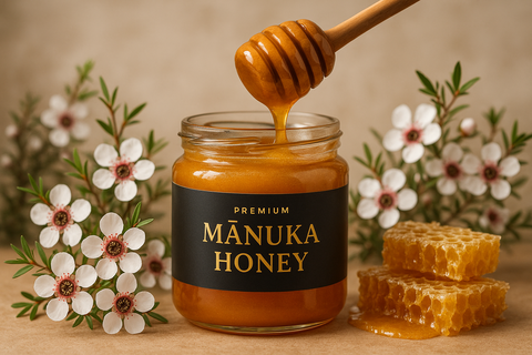 Jar of premium Manuka Honey surrounded by flowers and honeycomb, showcasing its natural beauty for Manuka Honey and Anal Relief.