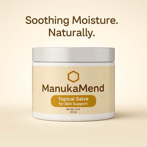 ManukaMend Organic Salve for Anal Relief jar with soothing moisture tagline, 2 oz topical salve for skin support.