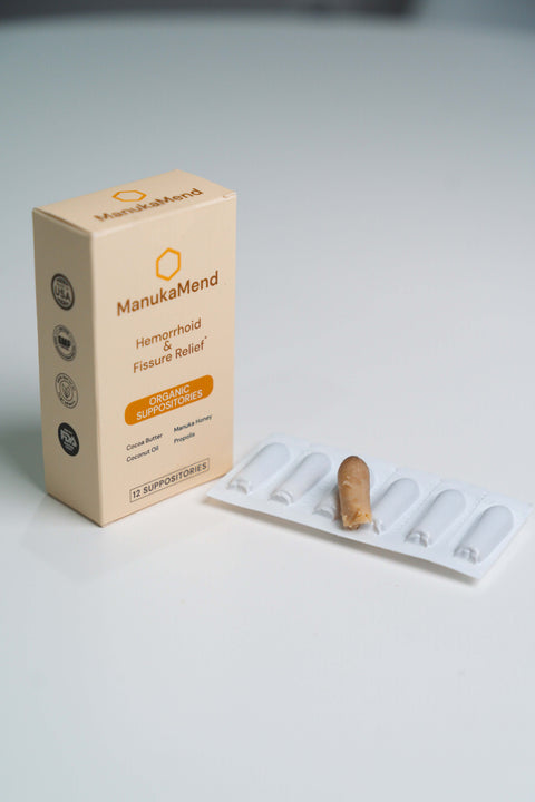 ManukaMend Suppository for anal discomfort relief with organic ingredients for hemorrhoids and fissures.