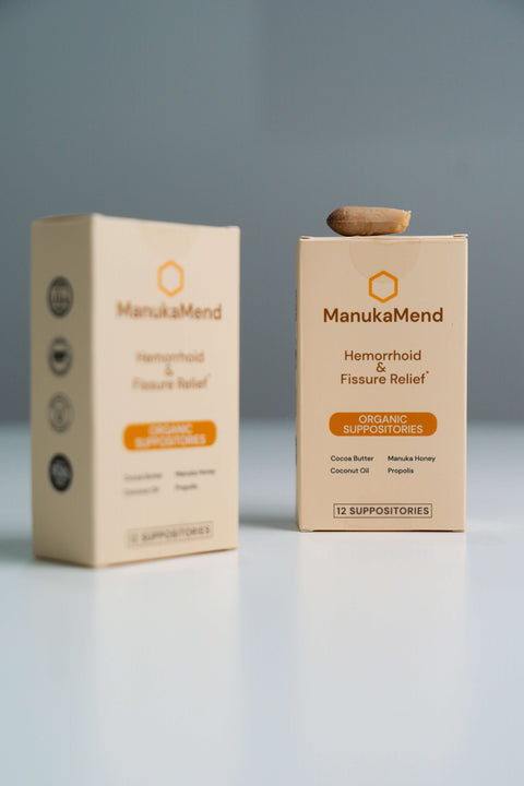 ManukaMend Organic Suppositories for Anal Relief packaging for hemorrhoid and fissure relief.