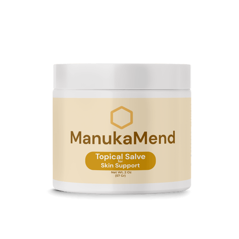 ManukaMend Organic Salve for Anal Relief in a 2 oz container for external anal irritation and hemorrhoids.