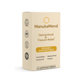 ManukaMend Organic Suppositories for Anal Relief packaging showing hemorrhoid and fissure relief details.