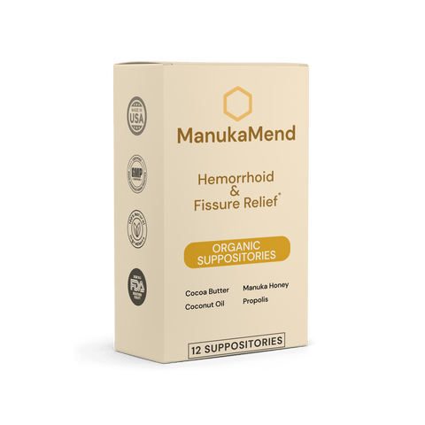ManukaMend Organic Suppositories for Anal Relief packaging showing hemorrhoid and fissure relief details.